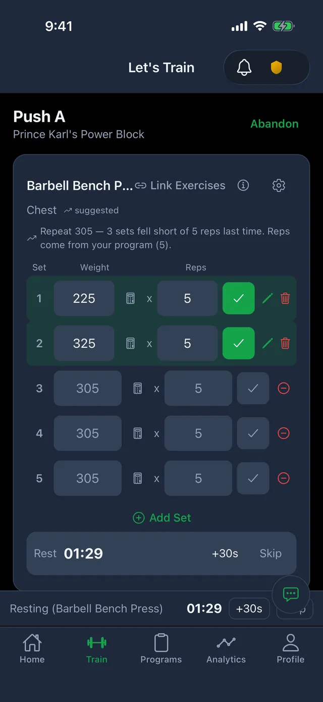 Logging a bench press workout in Strength Almanac: two sets logged at 225 and 325 pounds for 5 reps, three more planned at 305, and the rest timer running