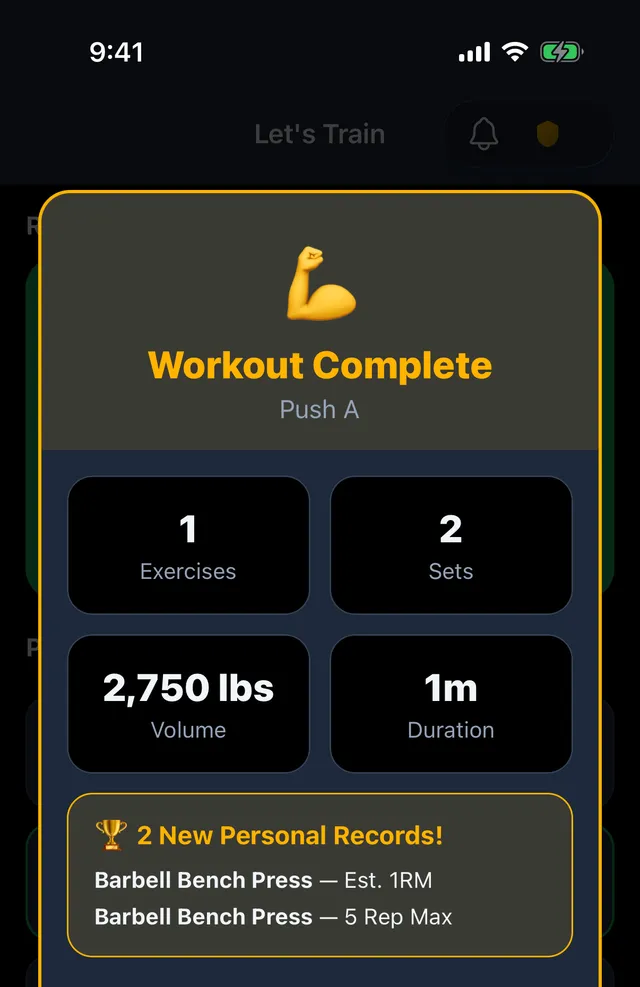 Workout complete in Strength Almanac, with two new personal records on the barbell bench press