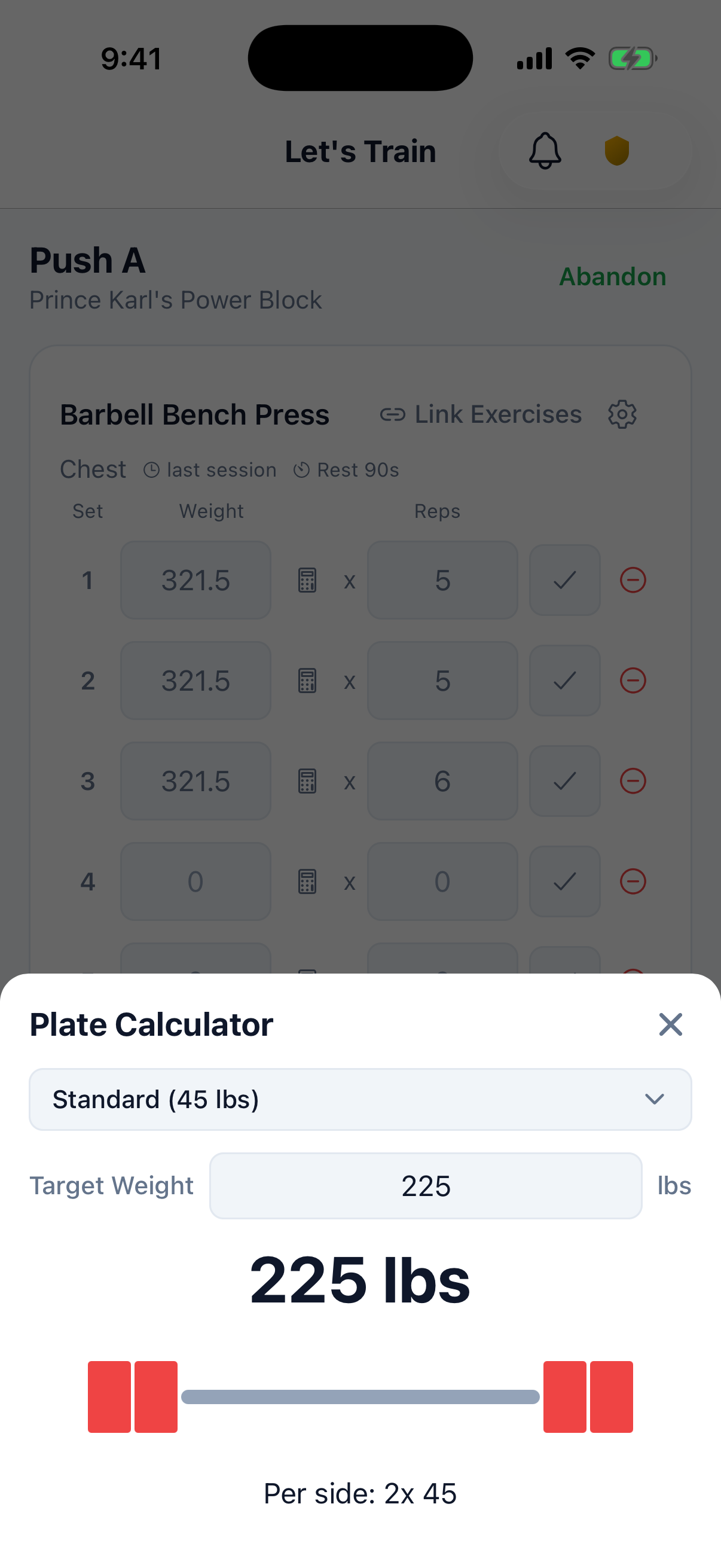 The Strength Almanac plate calculator showing the plates to load per side for a target barbell weight.